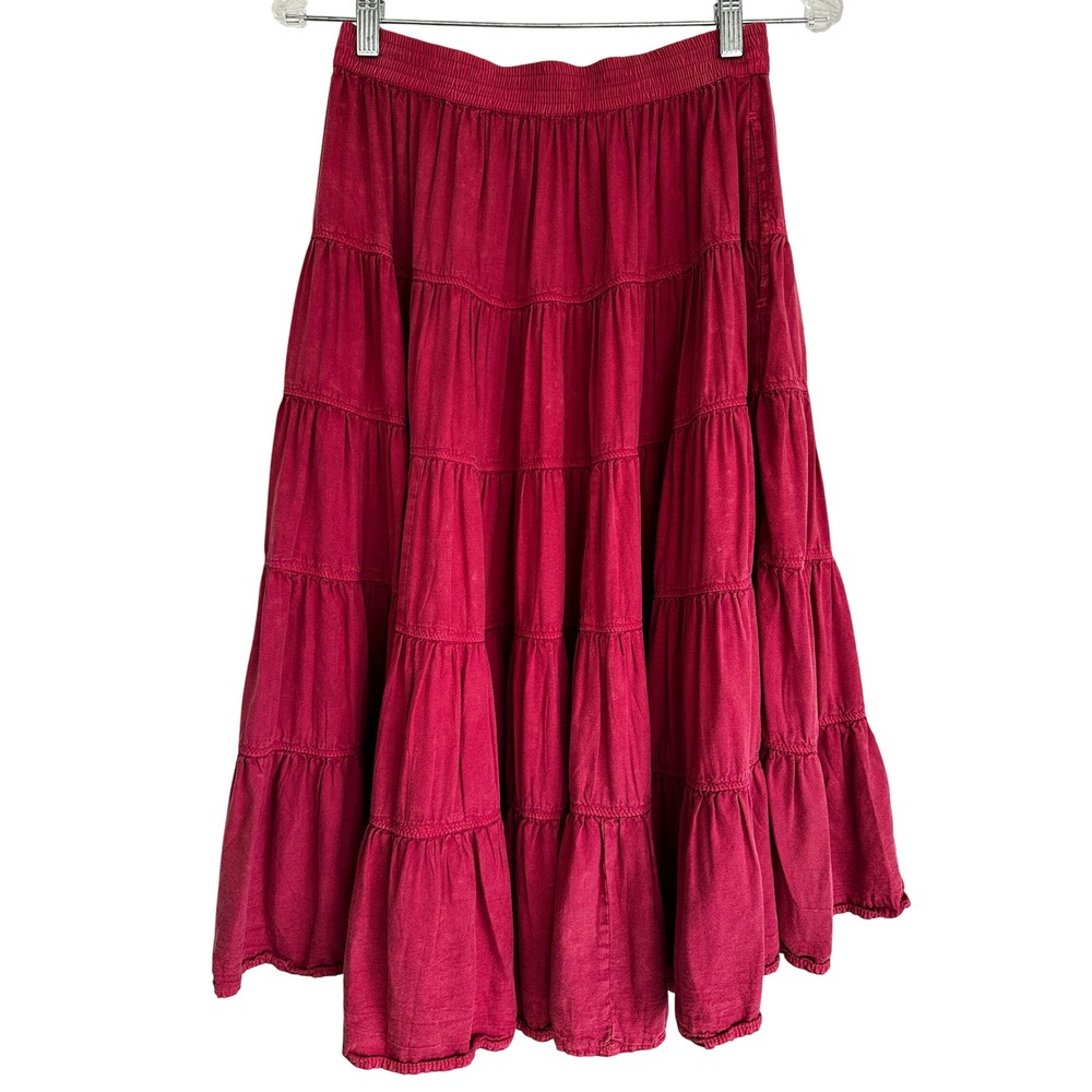 Free People Red Tiered Midi Skirt Smocked Peasant Waist Boho Cotton Medium